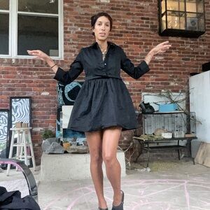 Black cotton collared mini swing dress